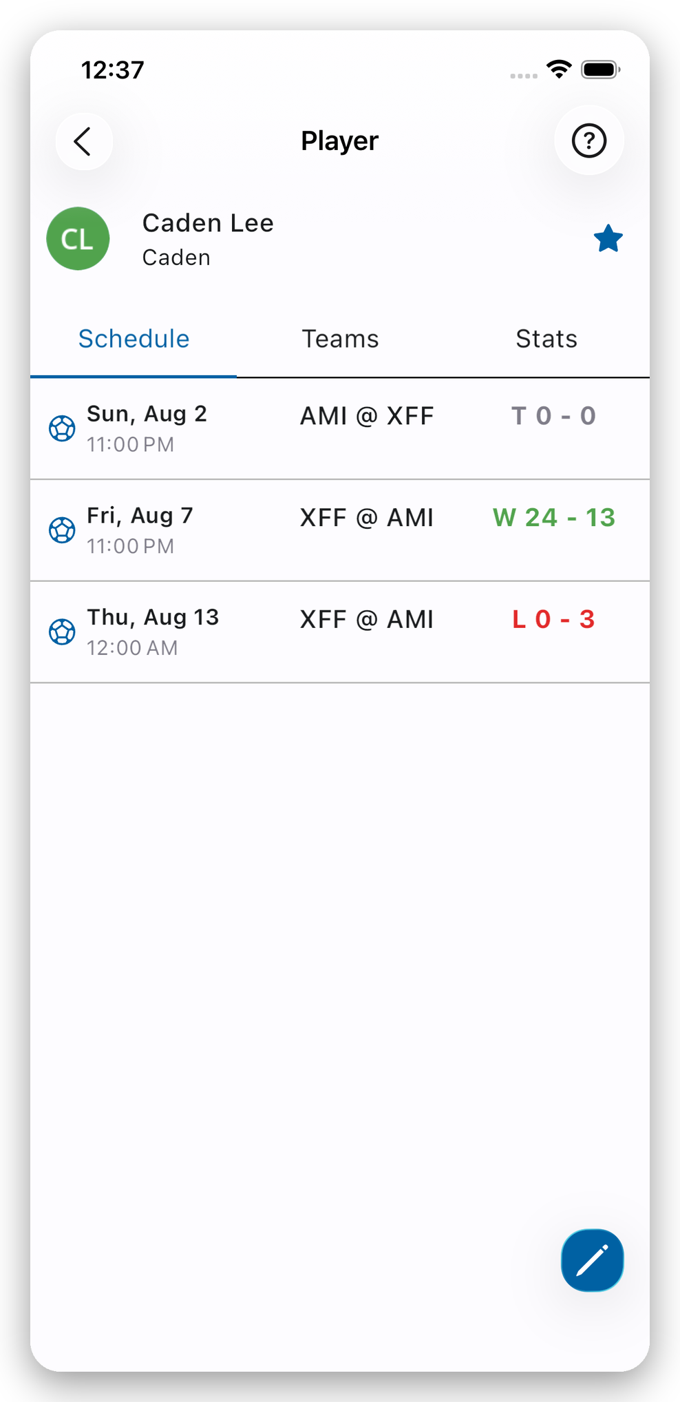 A player's schedule in the Fan League app, listing each game with its date, teams and result